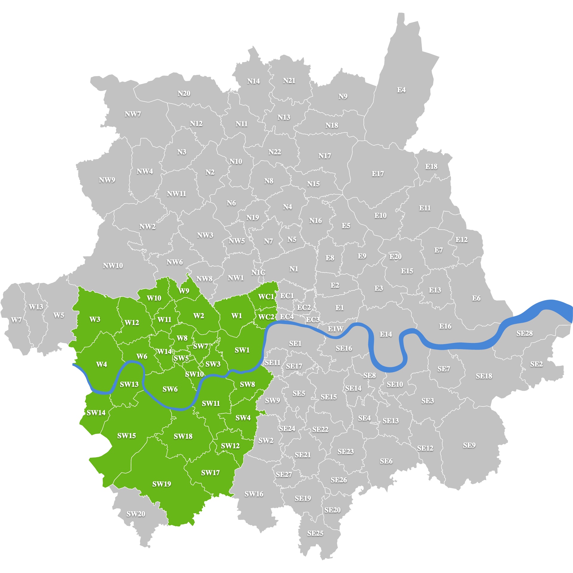 Map of London with green highlights around postcodes SW1, SW3, SW5, SW7, SW10